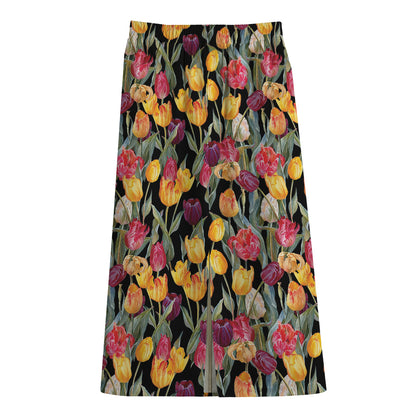 Colorful Watercolor Tulip Pattern Print Cotton Front Slit Maxi Skirt