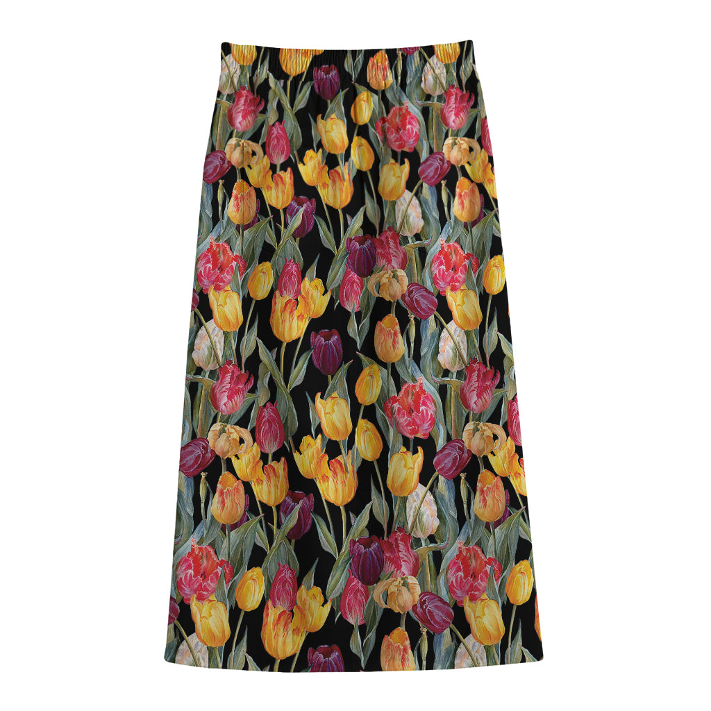 Colorful Watercolor Tulip Pattern Print Cotton Front Slit Maxi Skirt