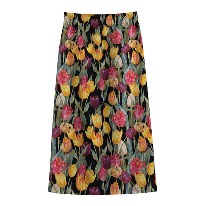 Colorful Watercolor Tulip Pattern Print Cotton Front Slit Maxi Skirt