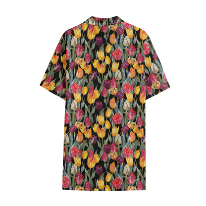 Colorful Watercolor Tulip Pattern Print Cotton Hawaiian Shirt