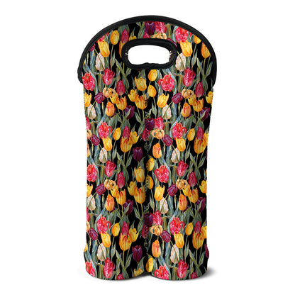 Colorful Watercolor Tulip Pattern Print Double Neoprene Wine Tote