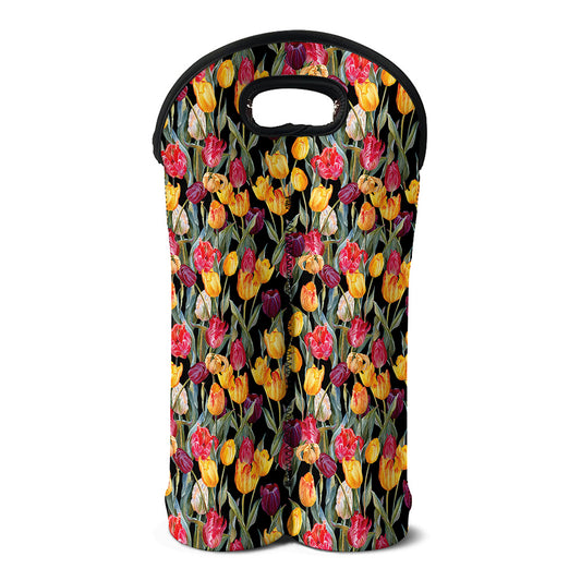 Colorful Watercolor Tulip Pattern Print Double Neoprene Wine Tote