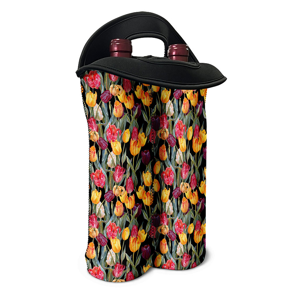Colorful Watercolor Tulip Pattern Print Double Neoprene Wine Tote