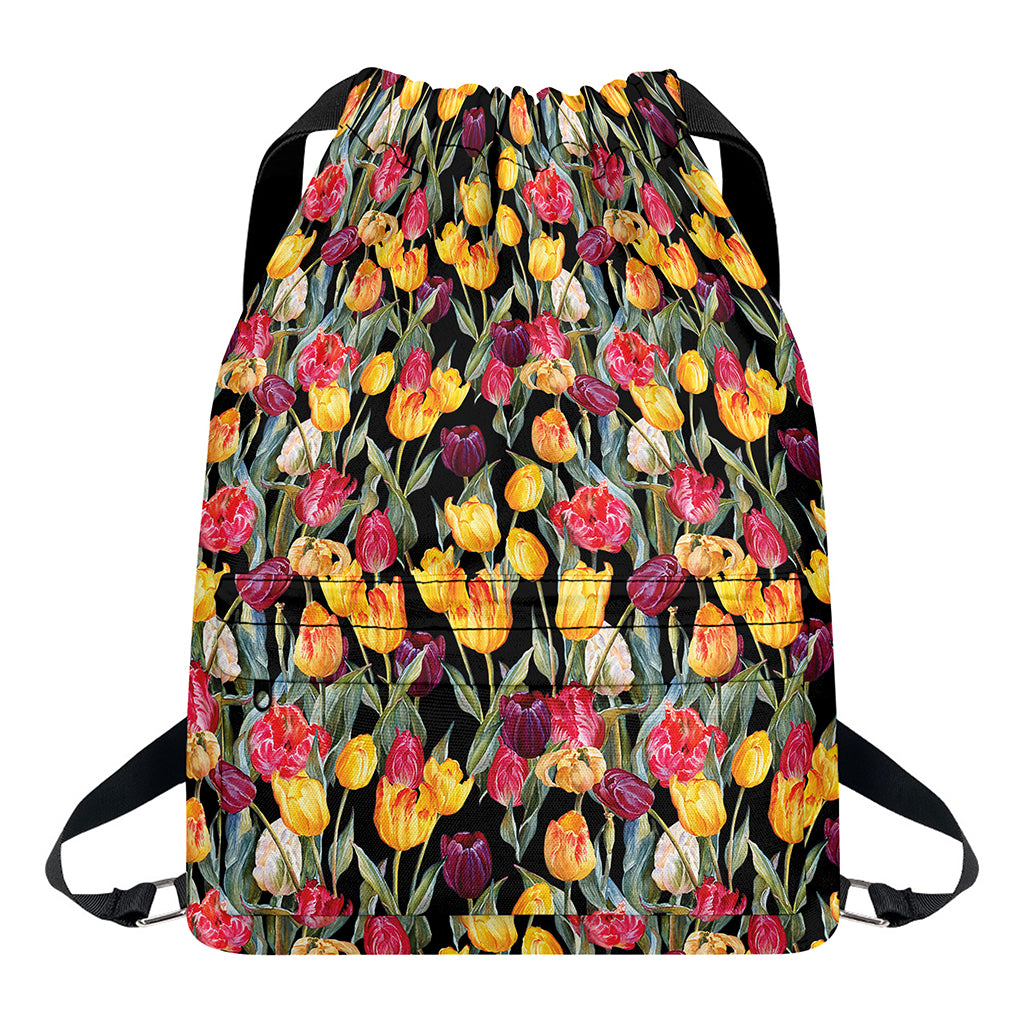 Colorful Watercolor Tulip Pattern Print Drawstring Backpack