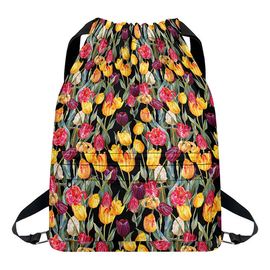 Colorful Watercolor Tulip Pattern Print Drawstring Backpack