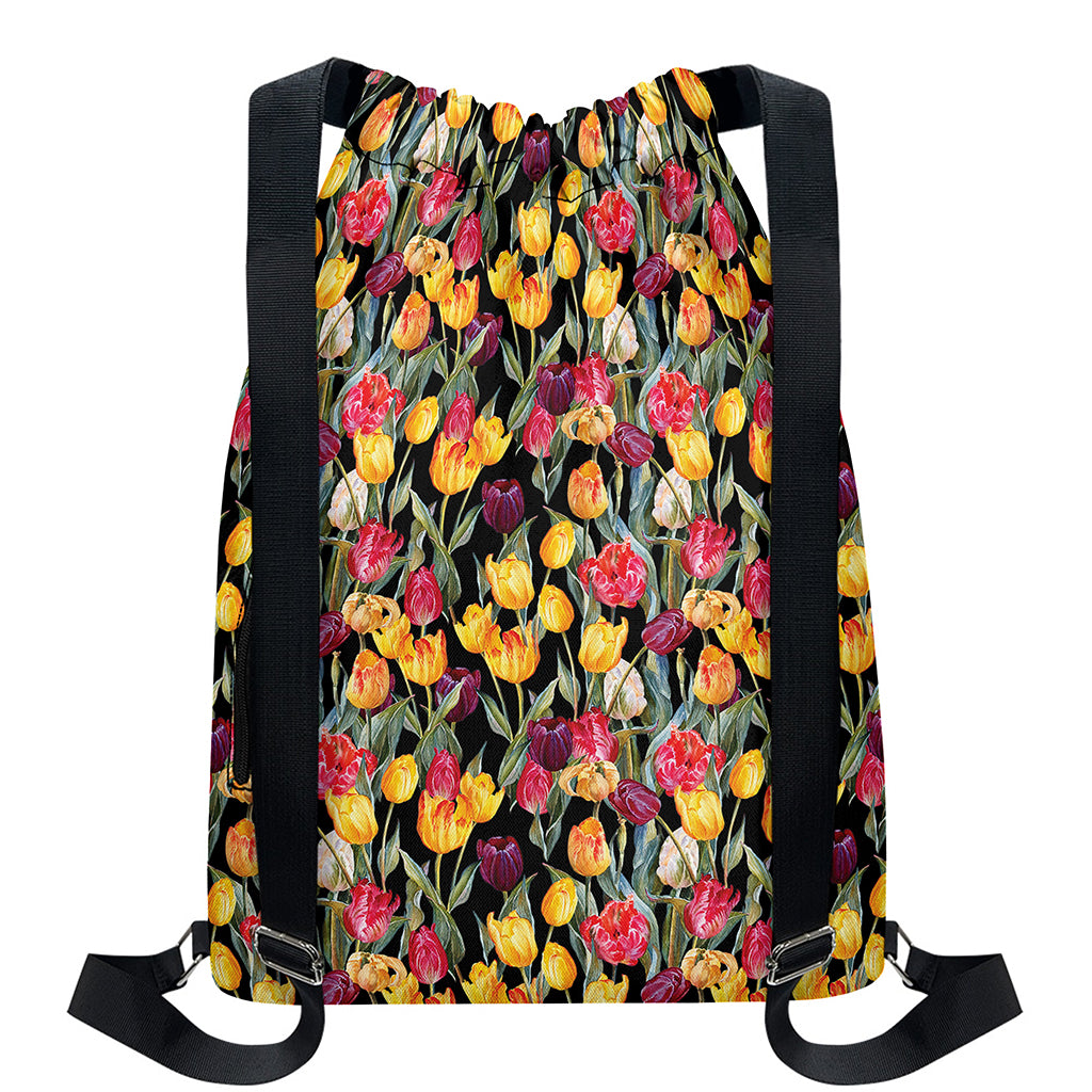 Colorful Watercolor Tulip Pattern Print Drawstring Backpack