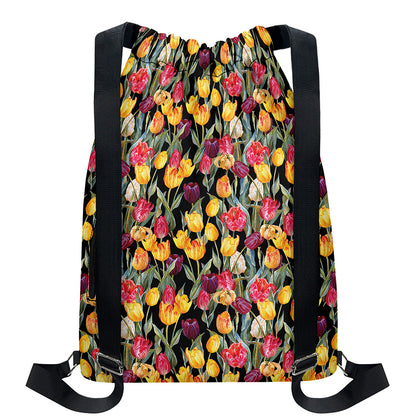 Colorful Watercolor Tulip Pattern Print Drawstring Backpack