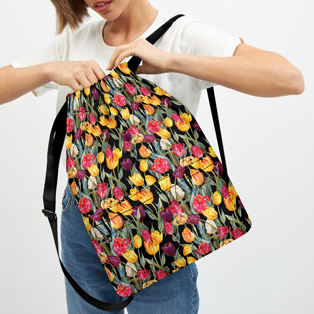 Colorful Watercolor Tulip Pattern Print Drawstring Backpack