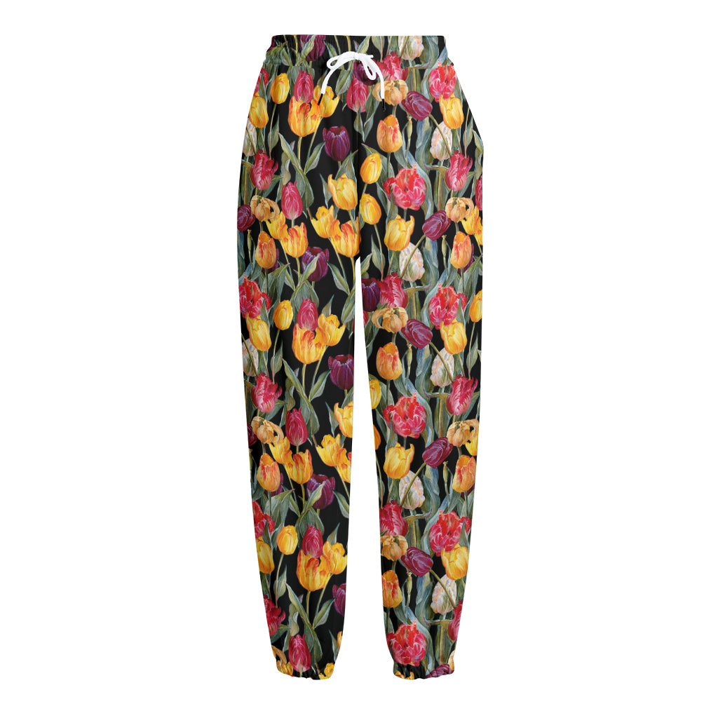 Colorful Watercolor Tulip Pattern Print Fleece Lined Knit Pants