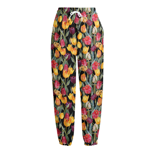 Colorful Watercolor Tulip Pattern Print Fleece Lined Knit Pants