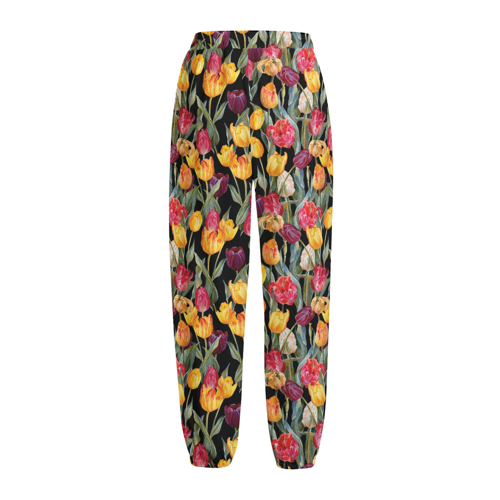 Colorful Watercolor Tulip Pattern Print Fleece Lined Knit Pants