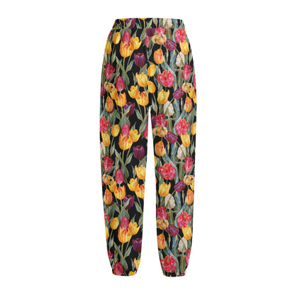 Colorful Watercolor Tulip Pattern Print Fleece Lined Knit Pants