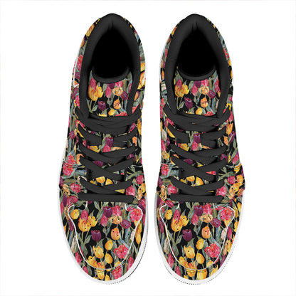Colorful Watercolor Tulip Pattern Print High Top Leather Sneakers