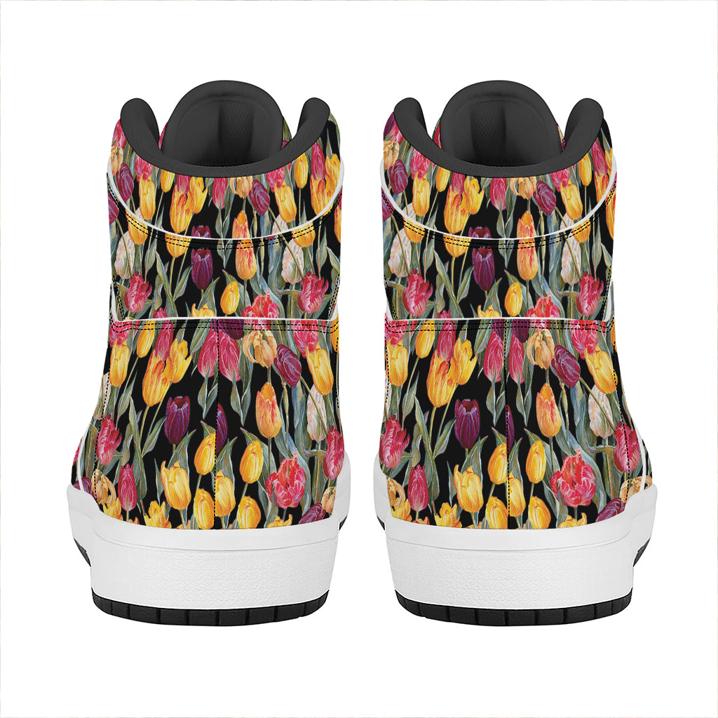Colorful Watercolor Tulip Pattern Print High Top Leather Sneakers
