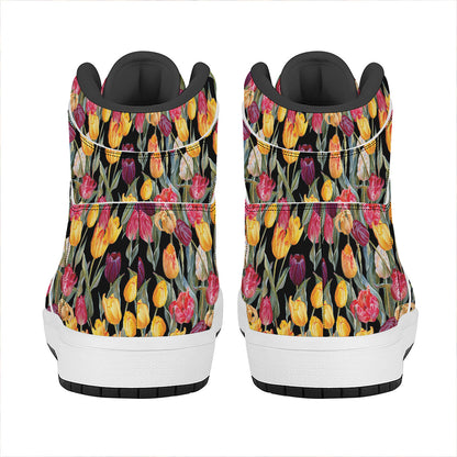 Colorful Watercolor Tulip Pattern Print High Top Leather Sneakers