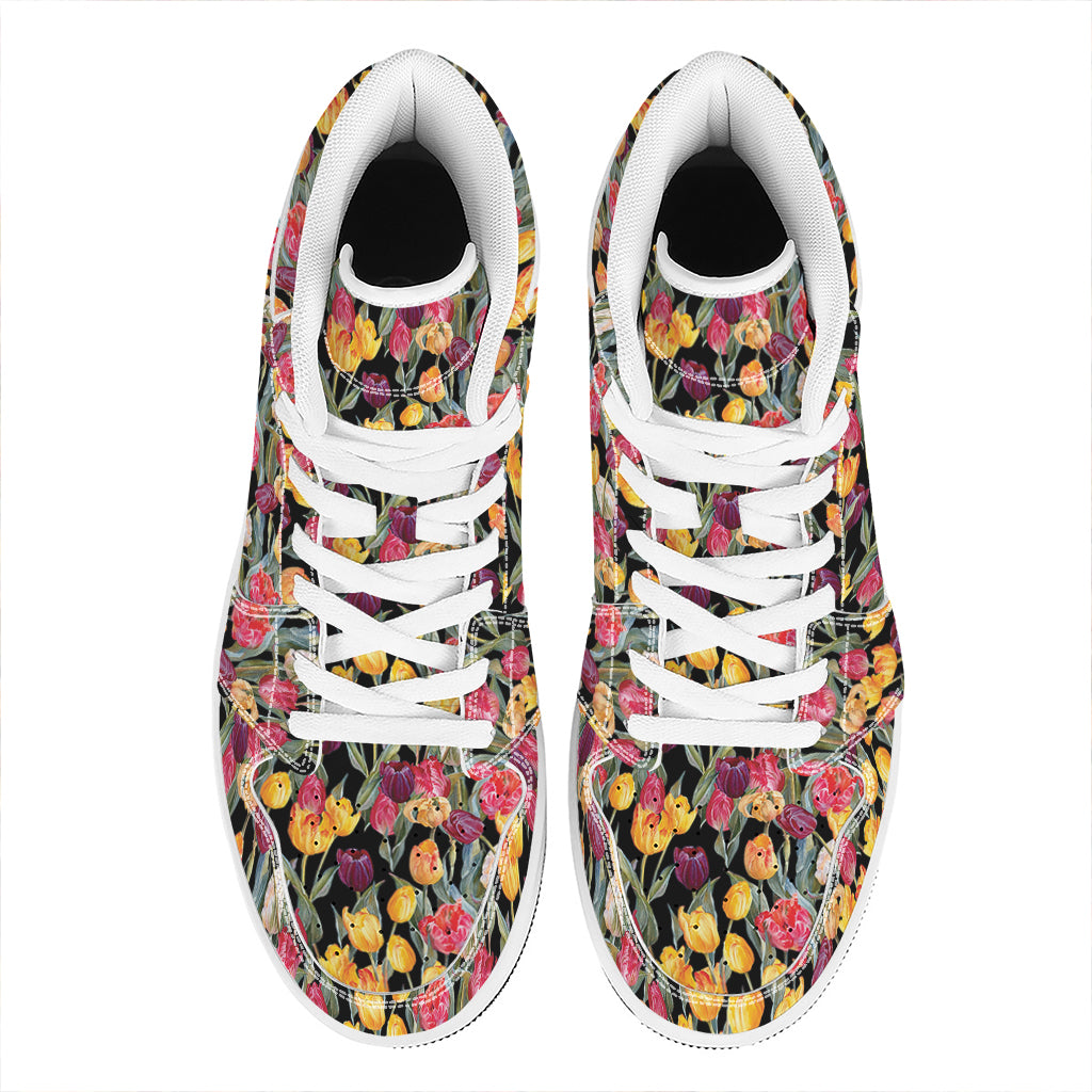 Colorful Watercolor Tulip Pattern Print High Top Leather Sneakers