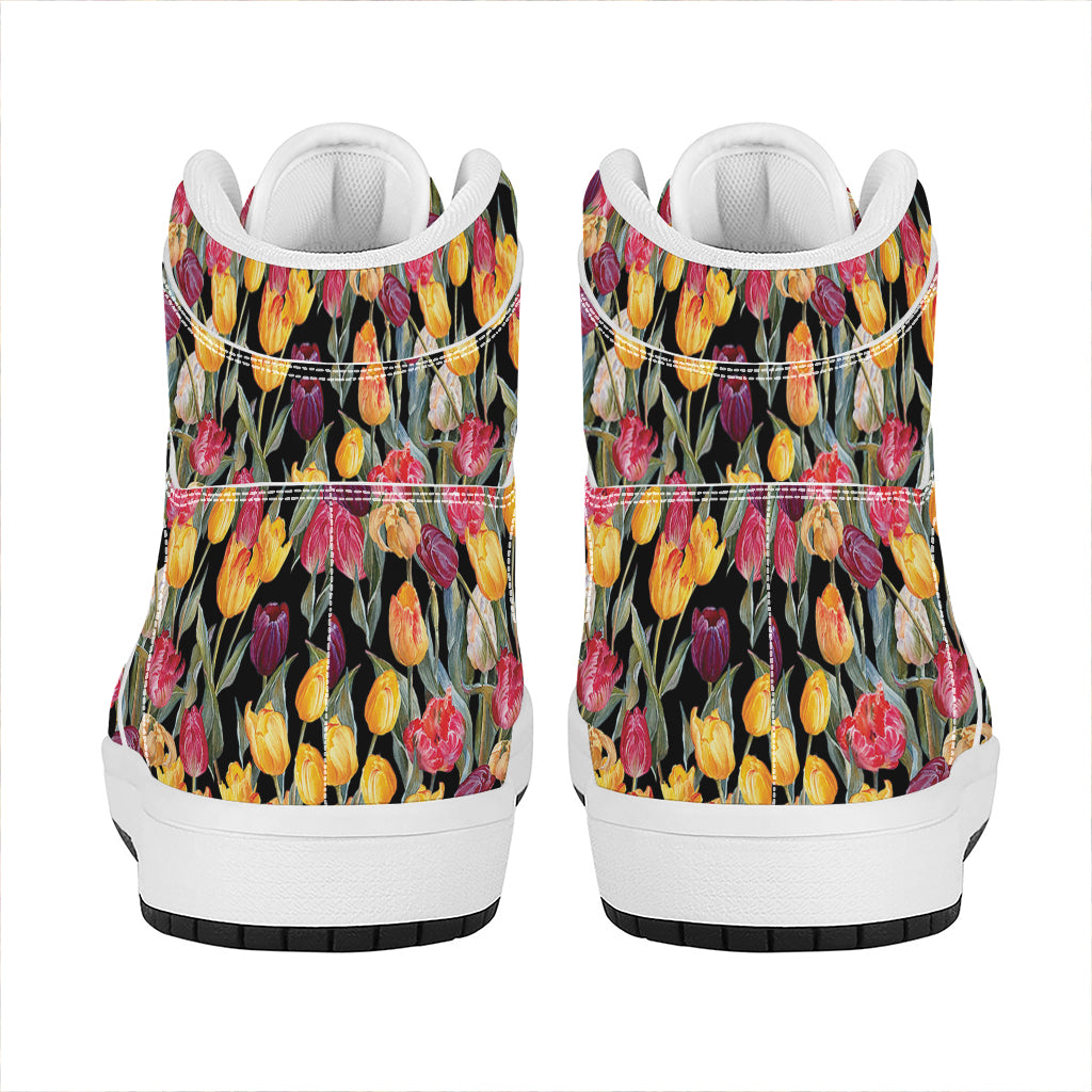 Colorful Watercolor Tulip Pattern Print High Top Leather Sneakers