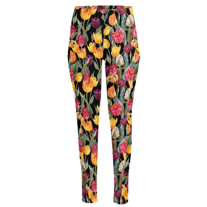 Colorful Watercolor Tulip Pattern Print High-Waisted Pocket Leggings