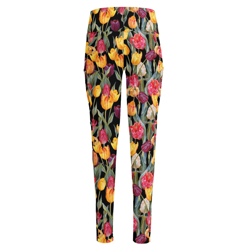Colorful Watercolor Tulip Pattern Print High-Waisted Pocket Leggings