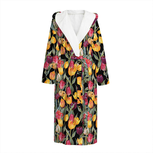 Colorful Watercolor Tulip Pattern Print Hooded Bathrobe
