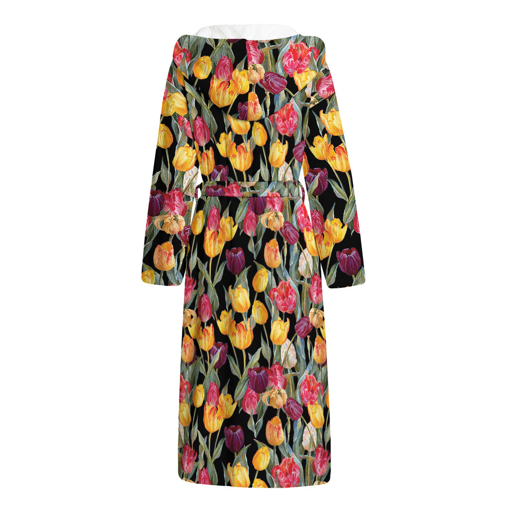 Colorful Watercolor Tulip Pattern Print Hooded Bathrobe