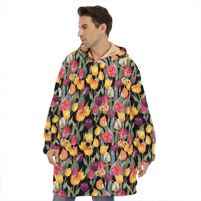 Colorful Watercolor Tulip Pattern Print Hoodie Blanket