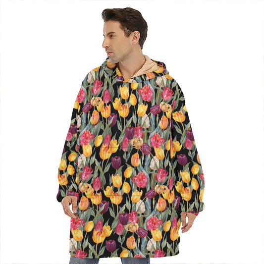 Colorful Watercolor Tulip Pattern Print Hoodie Blanket