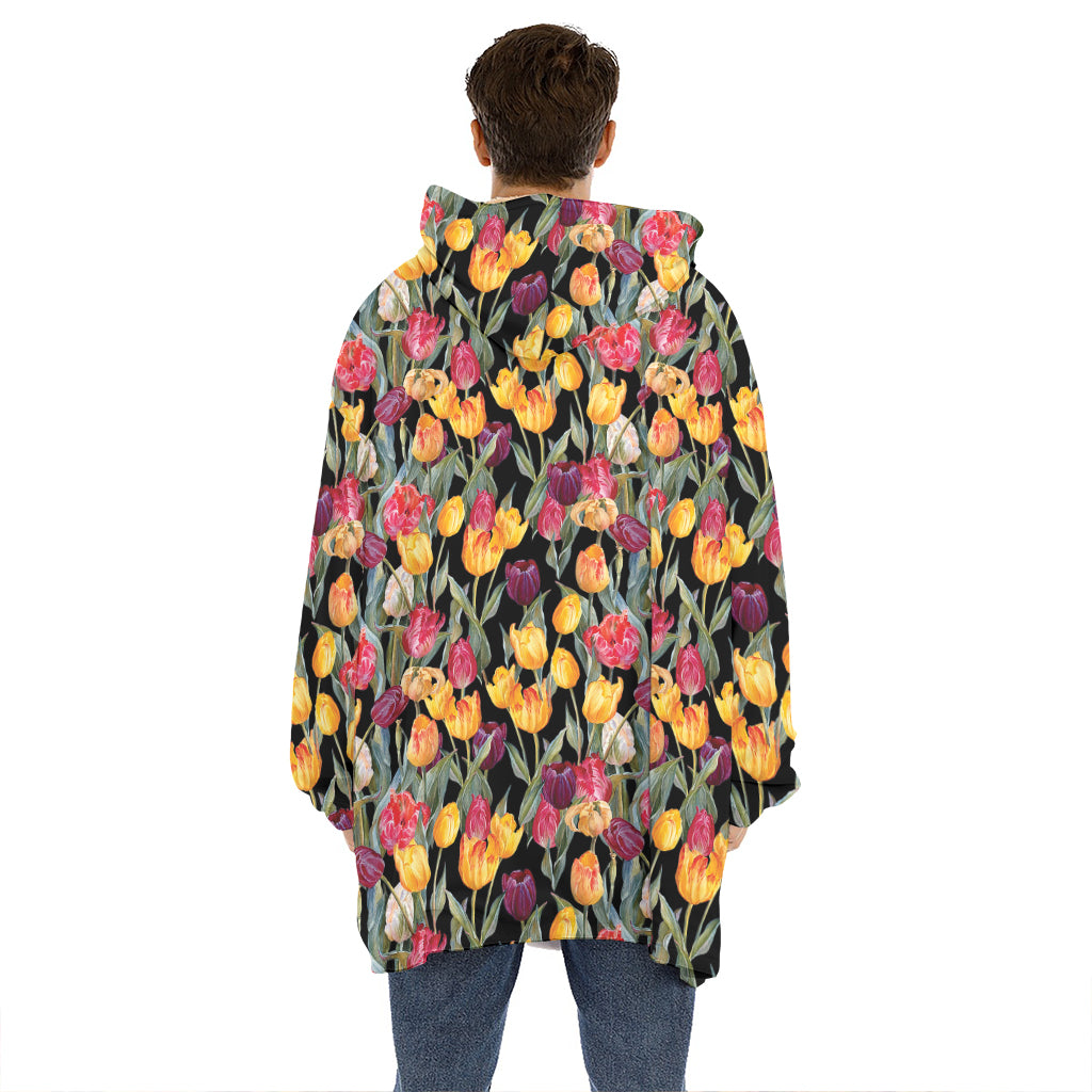 Colorful Watercolor Tulip Pattern Print Hoodie Blanket