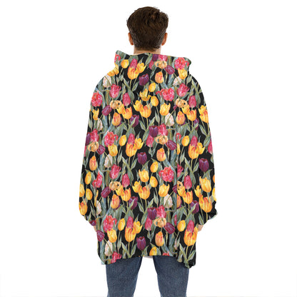 Colorful Watercolor Tulip Pattern Print Hoodie Blanket