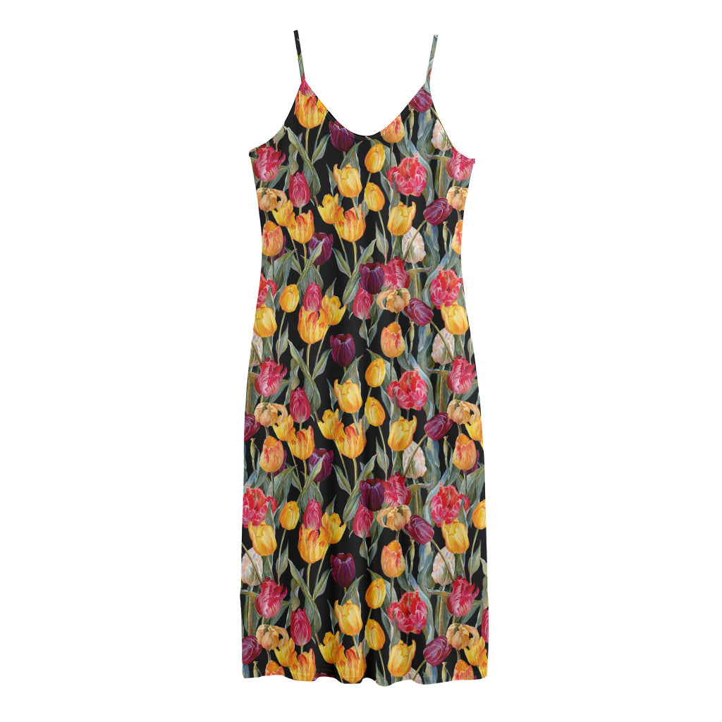 Colorful Watercolor Tulip Pattern Print Jersey Midi Cami Dress