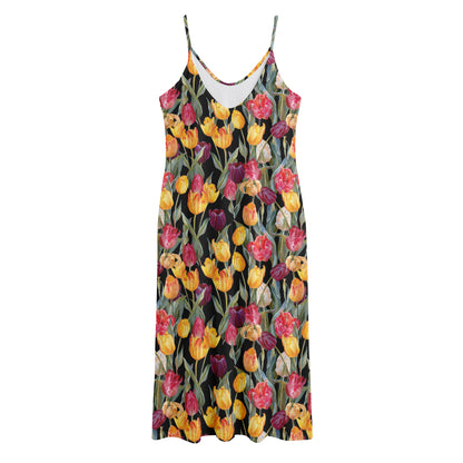 Colorful Watercolor Tulip Pattern Print Jersey Midi Cami Dress