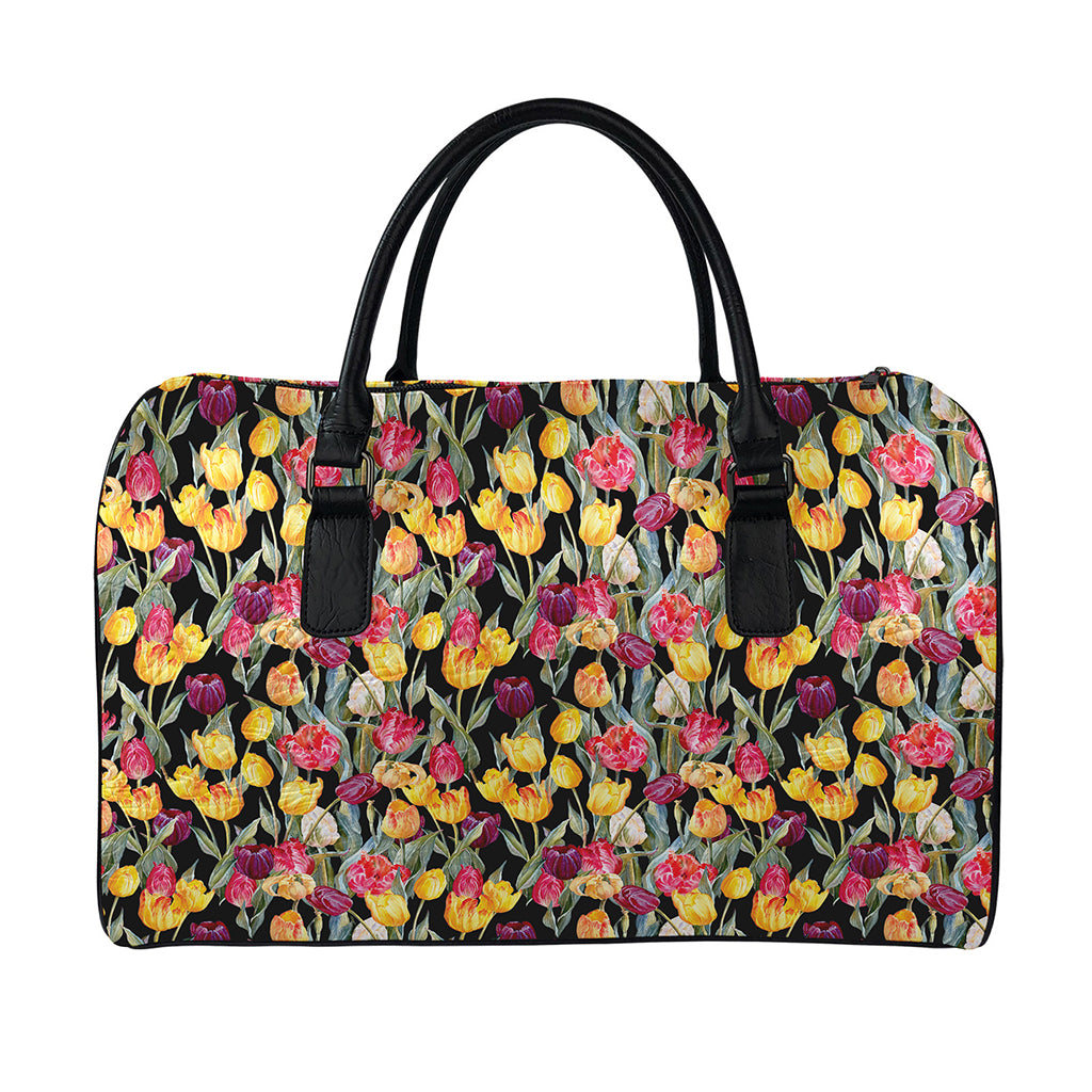 Colorful Watercolor Tulip Pattern Print Leather Duffle Bag
