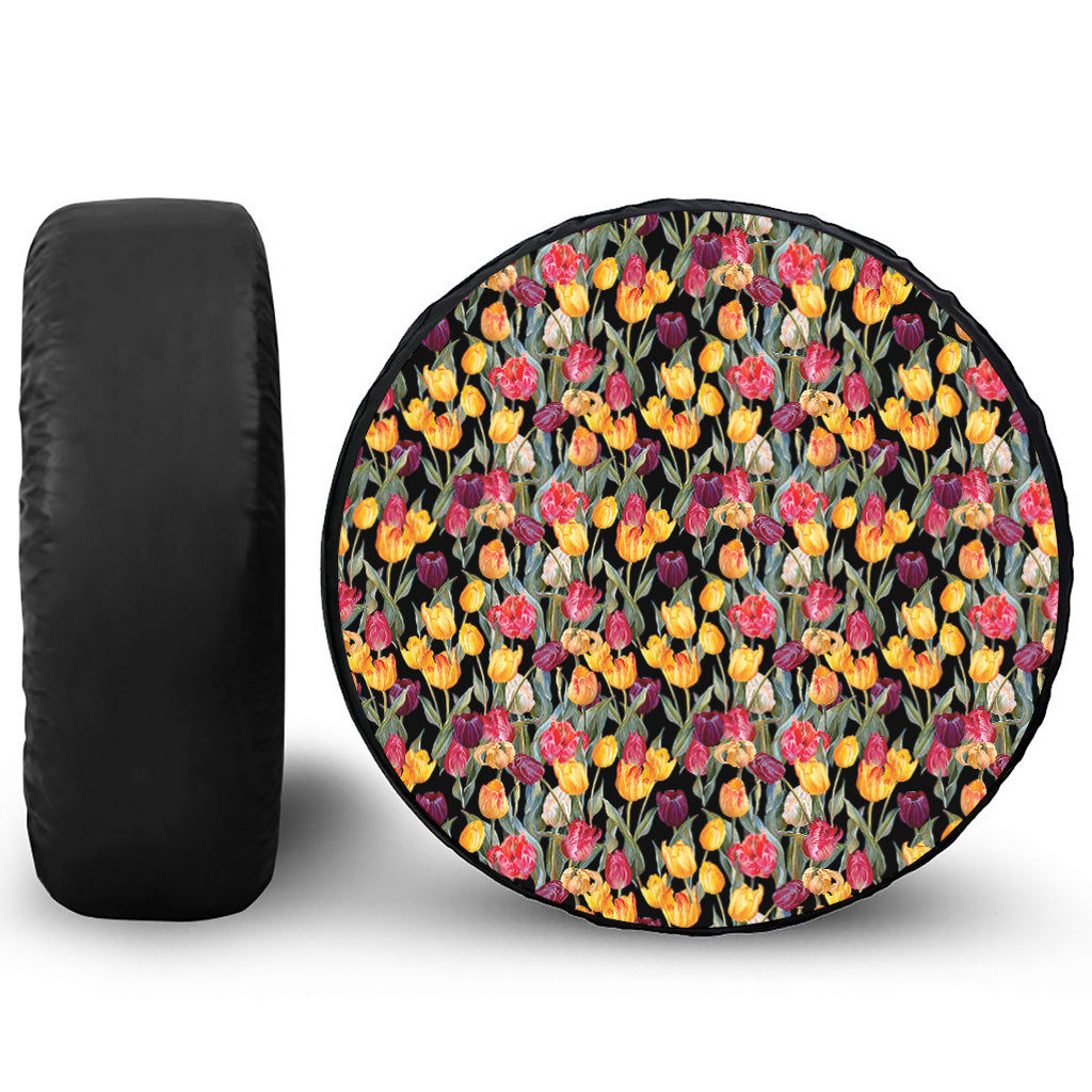 Colorful Watercolor Tulip Pattern Print Leather Spare Tire Cover