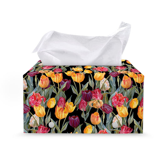Colorful Watercolor Tulip Pattern Print Leather Tissue Box Cover