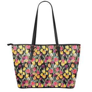 Colorful Watercolor Tulip Pattern Print Leather Tote Bag