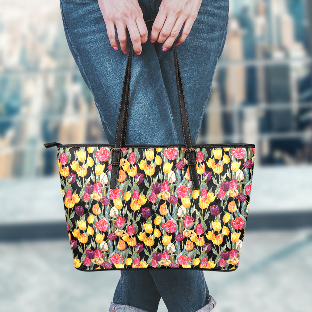 Colorful Watercolor Tulip Pattern Print Leather Tote Bag