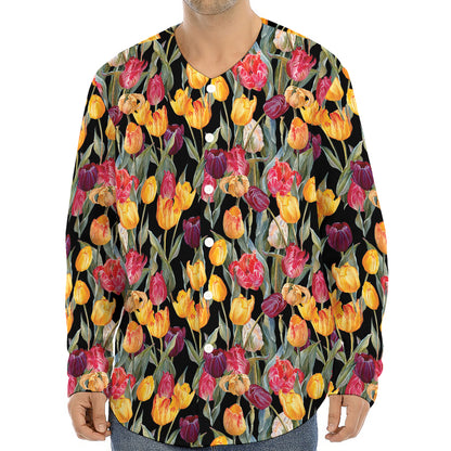 Colorful Watercolor Tulip Pattern Print Long Sleeve Baseball Jersey