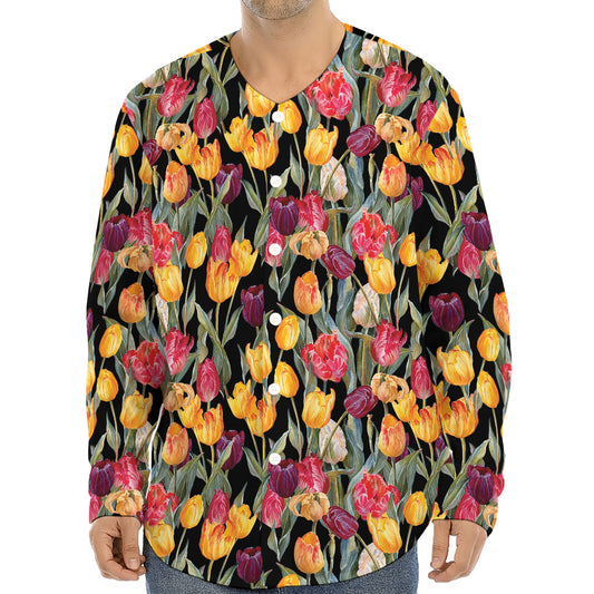 Colorful Watercolor Tulip Pattern Print Long Sleeve Baseball Jersey