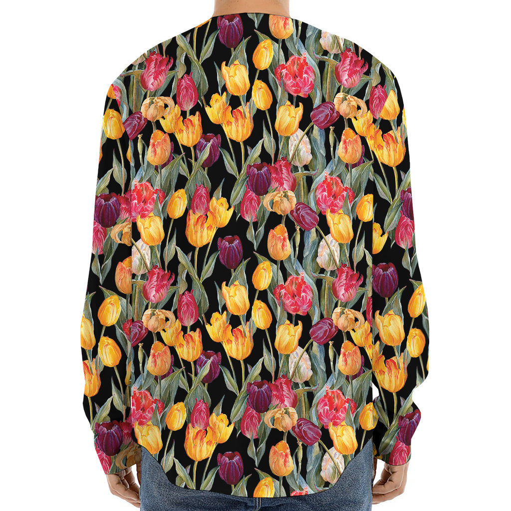 Colorful Watercolor Tulip Pattern Print Long Sleeve Baseball Jersey