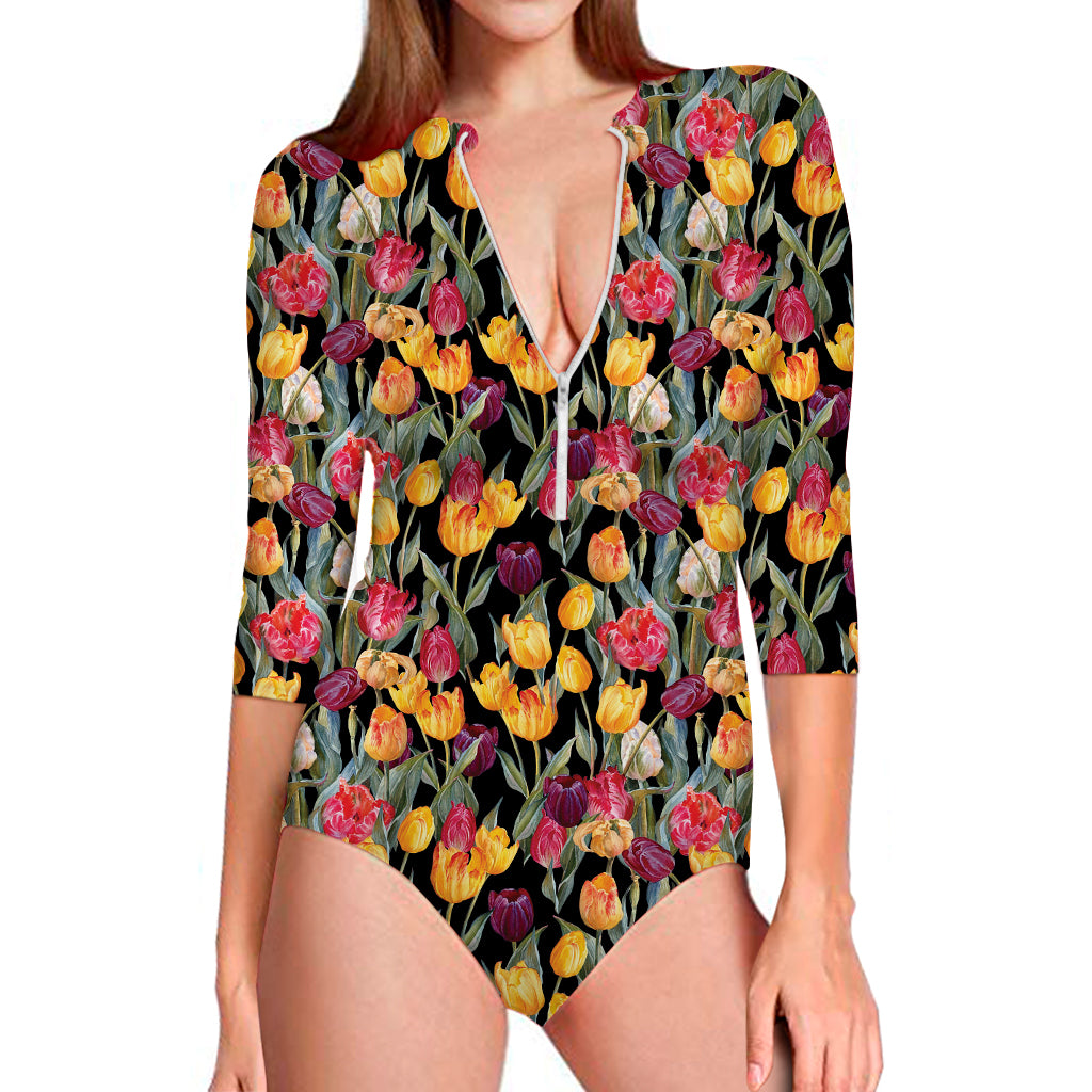 Colorful Watercolor Tulip Pattern Print Long Sleeve Swimsuit