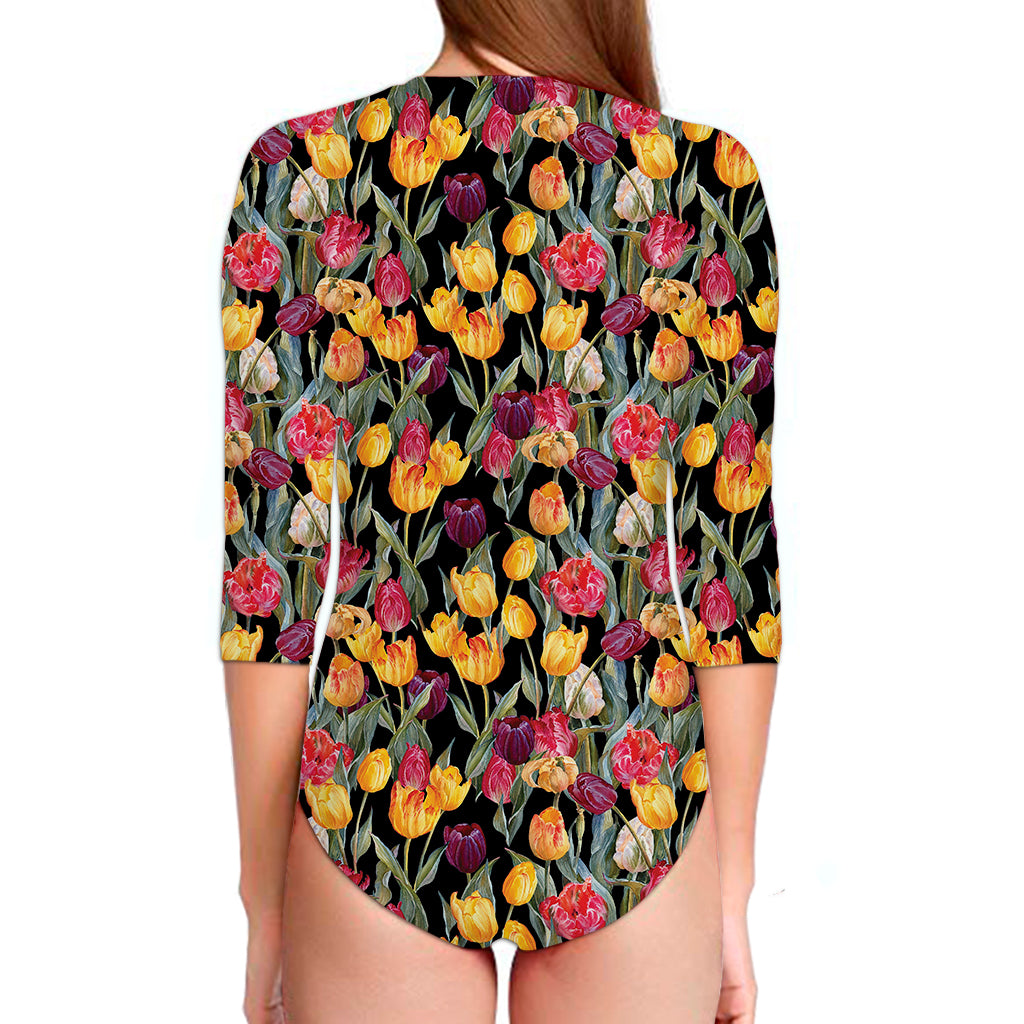 Colorful Watercolor Tulip Pattern Print Long Sleeve Swimsuit