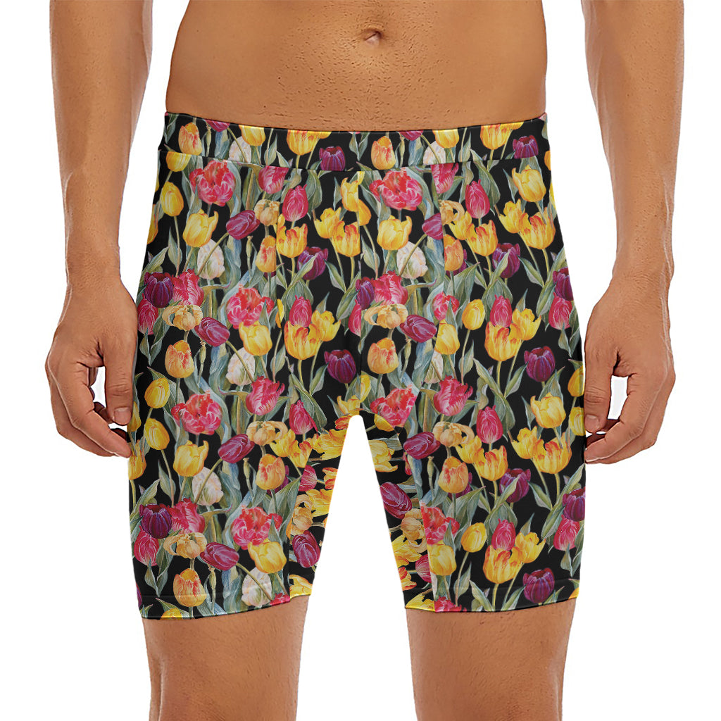 Colorful Watercolor Tulip Pattern Print Men's Long Boxer Briefs