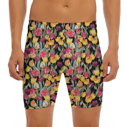 Colorful Watercolor Tulip Pattern Print Men's Long Boxer Briefs