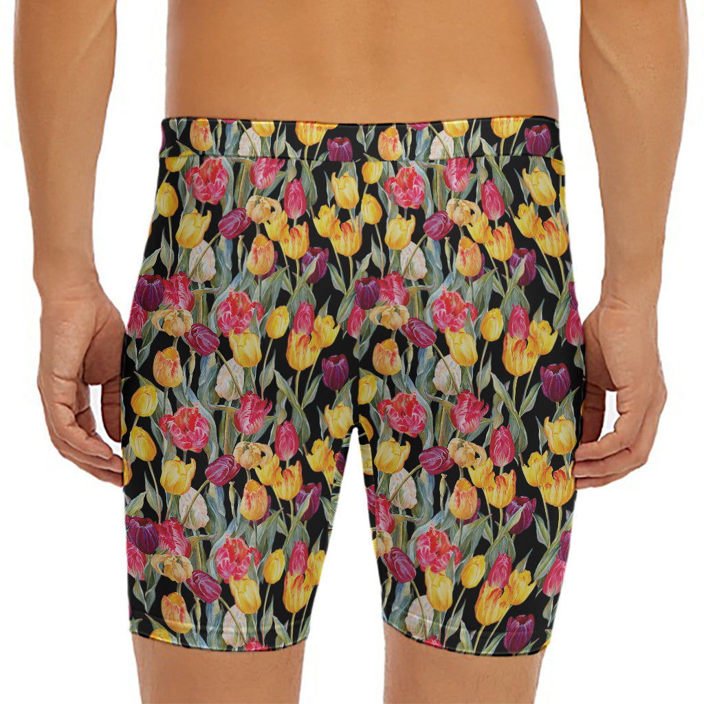 Colorful Watercolor Tulip Pattern Print Men's Long Boxer Briefs