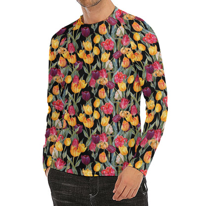Colorful Watercolor Tulip Pattern Print Men's Long Sleeve Rash Guard