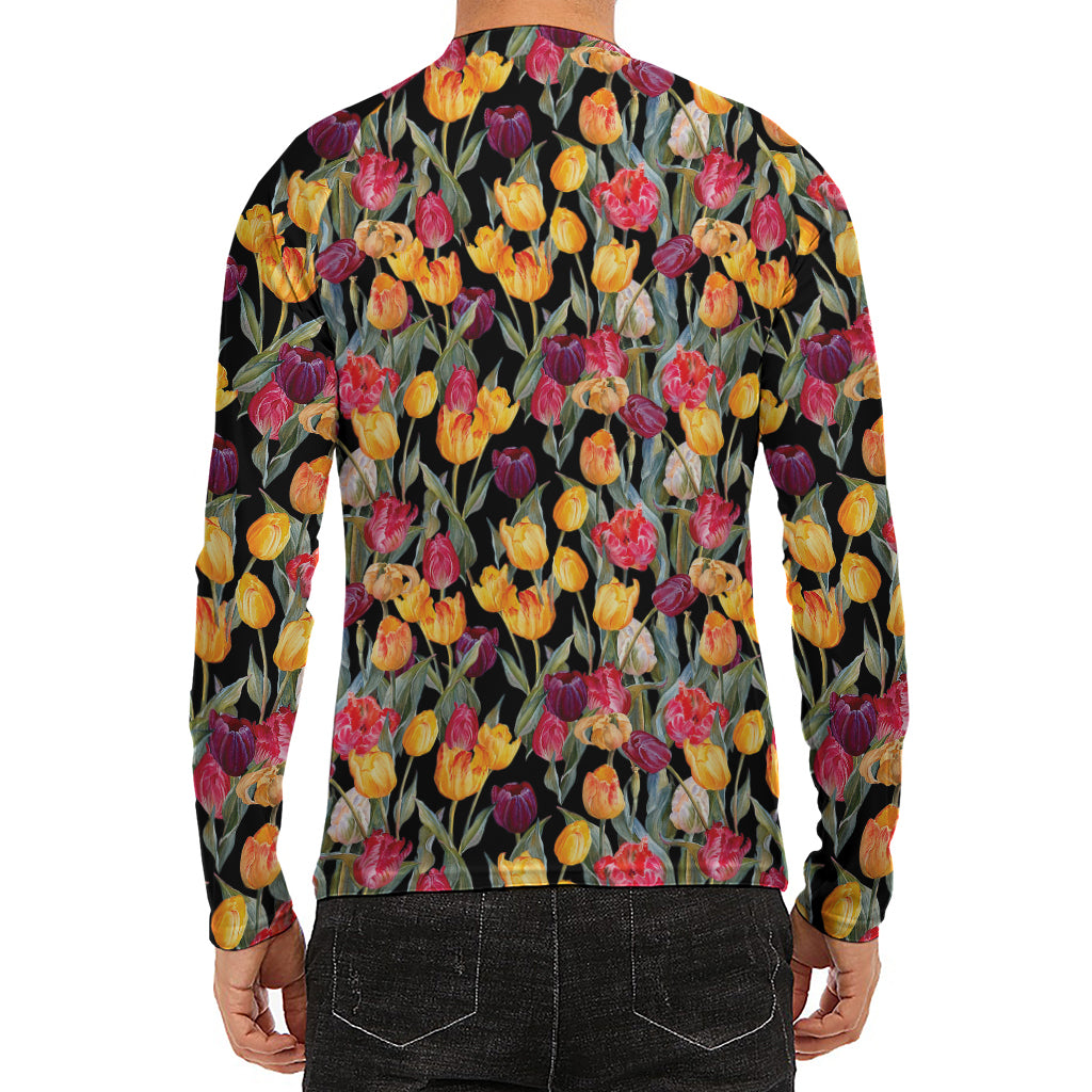 Colorful Watercolor Tulip Pattern Print Men's Long Sleeve Rash Guard