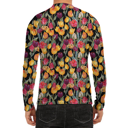 Colorful Watercolor Tulip Pattern Print Men's Long Sleeve Rash Guard