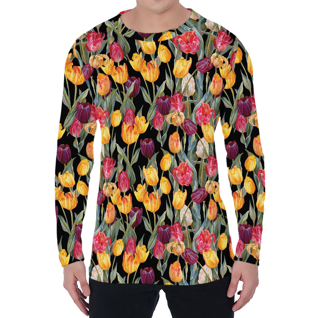 Colorful Watercolor Tulip Pattern Print Men's Long Sleeve T-Shirt