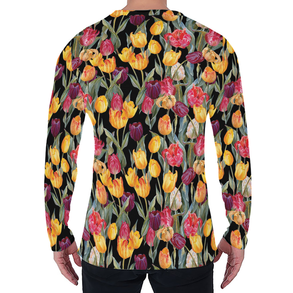 Colorful Watercolor Tulip Pattern Print Men's Long Sleeve T-Shirt