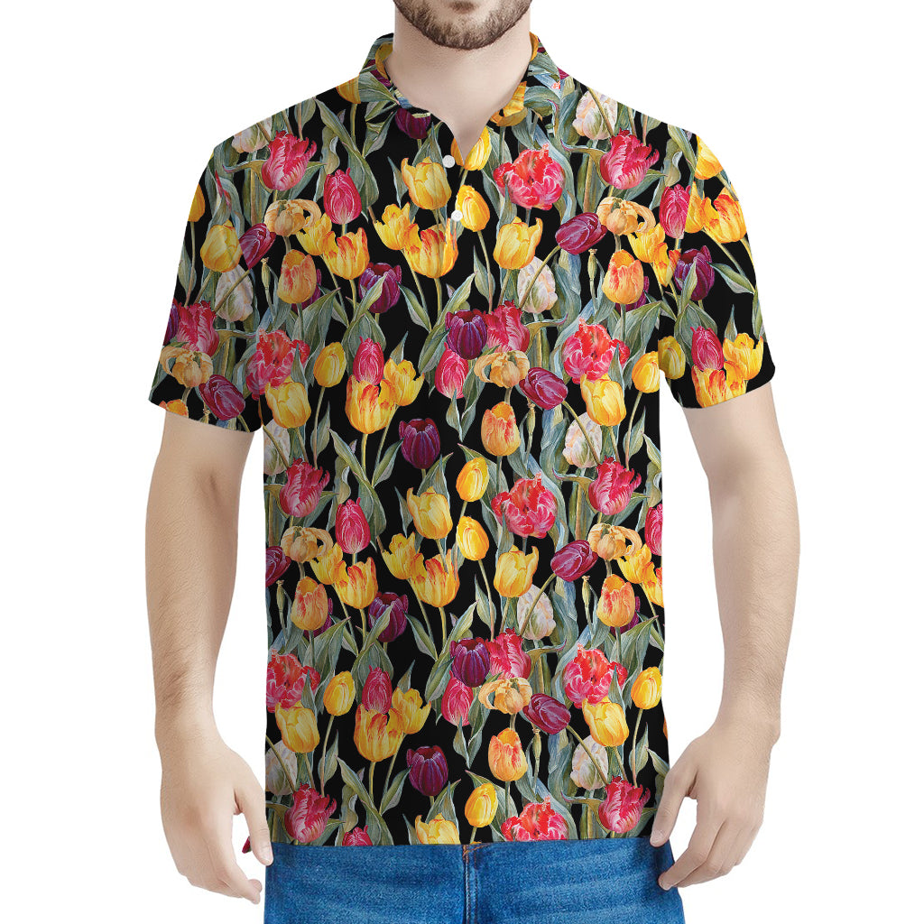 Colorful Watercolor Tulip Pattern Print Men's Polo Shirt